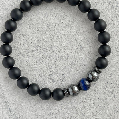 Blue Tiger Eye and Hematite beads on Matte Onyx bracelet