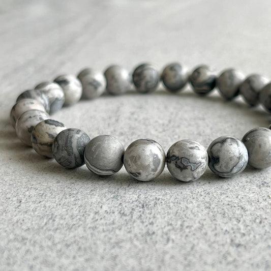 matte grey picasso jasper beaded bracelet for men