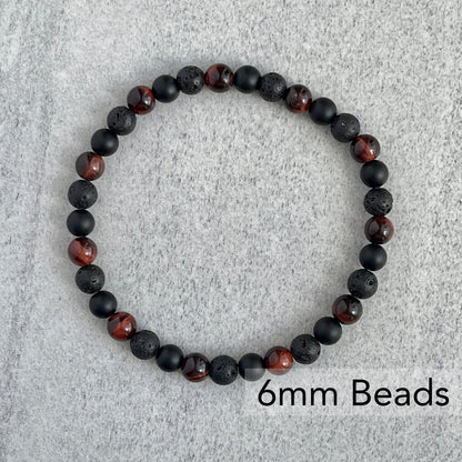 Red Tiger Eye, Matte Onyx & Black Lava Beaded Bracelet