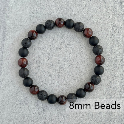 Red Tiger Eye, Matte Onyx & Black Lava Beaded Bracelet