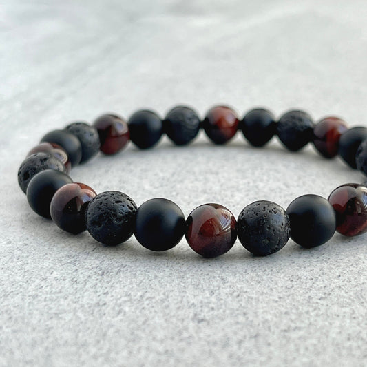 red tiger eye, black lava, matte onyx beaded bracelet for men