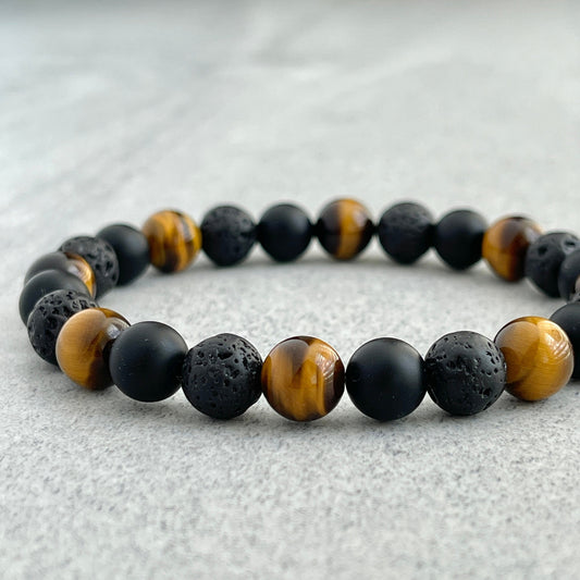 yellow tiger eye, black lava, matte onyx beaded bracelet for men