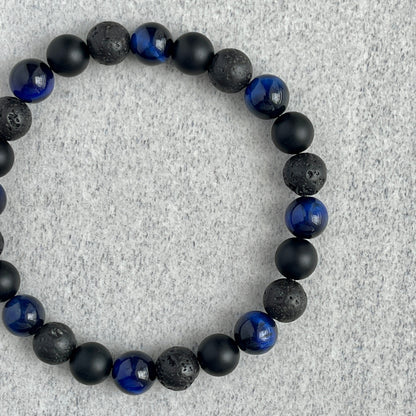 Blue Tiger Eye, Matte Onyx & Black Lava Beaded Bracelet