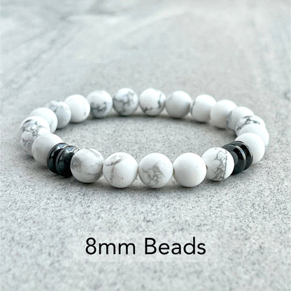 Matte White Howlite Beaded Bracelet with Black Hematite