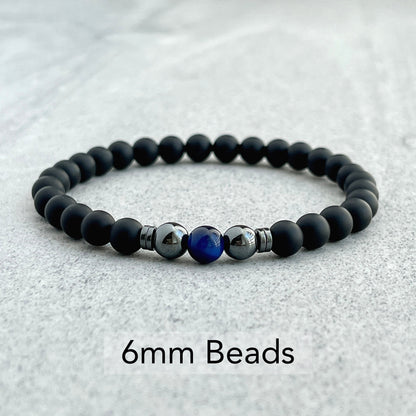 Matte Onyx beaded bracelet with Blue Tiger Eye and Hematite elements