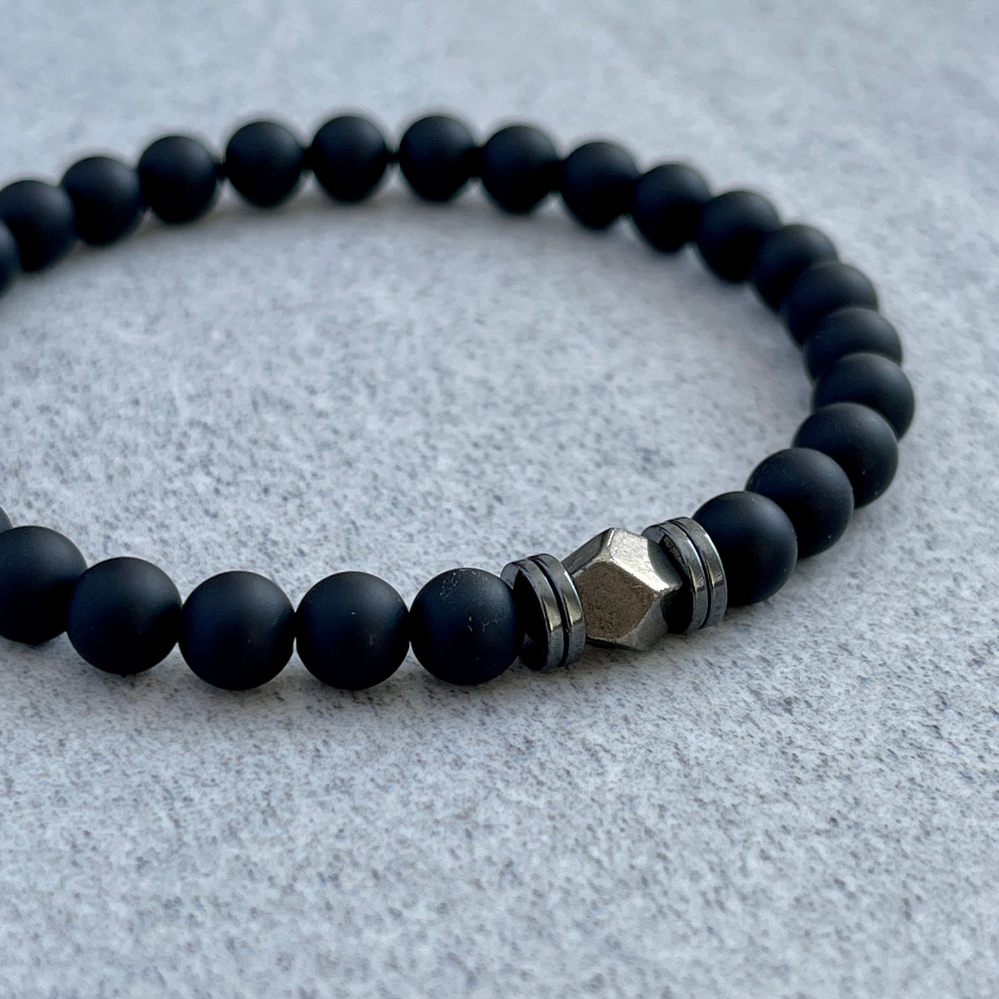 Matte Onyx Beaded Bracelet with Faceted Pyrite and Hematite Spacers