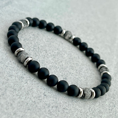 Matte Onyx Beaded Bracelet with Faceted Grey Picasso Jasper