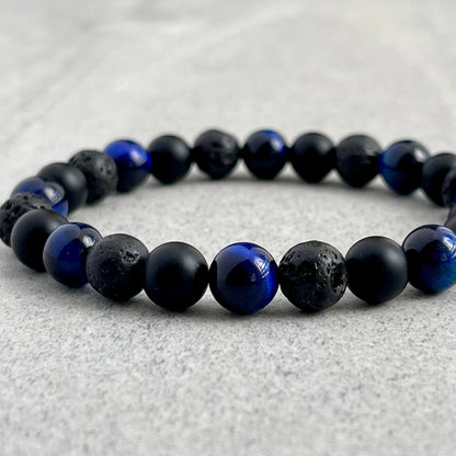 matte onyx, blue tiger eye and black lava beaded bracelet for men