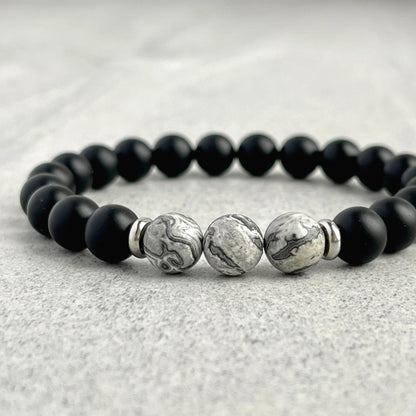 matte onyx and grey picasso jasper beaded bracelet for men