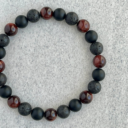 Red Tiger Eye, Matte Onyx & Black Lava Beaded Bracelet