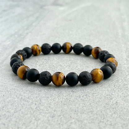 Yellow Tiger Eye, Matte Onyx & Black Lava Beaded Bracelet