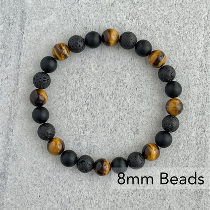 Yellow Tiger Eye, Matte Onyx & Black Lava Beaded Bracelet