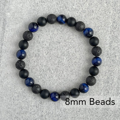 Blue Tiger Eye, Matte Onyx & Black Lava Beaded Bracelet