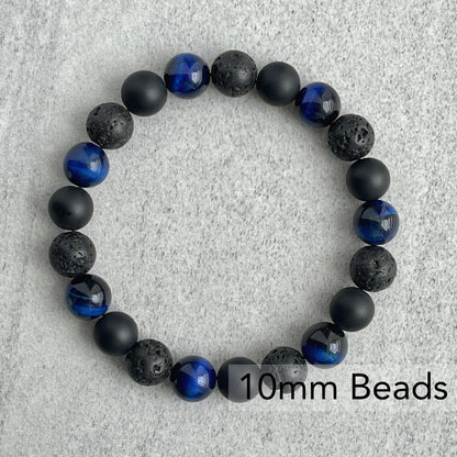 Blue Tiger Eye, Matte Onyx & Black Lava Beaded Bracelet