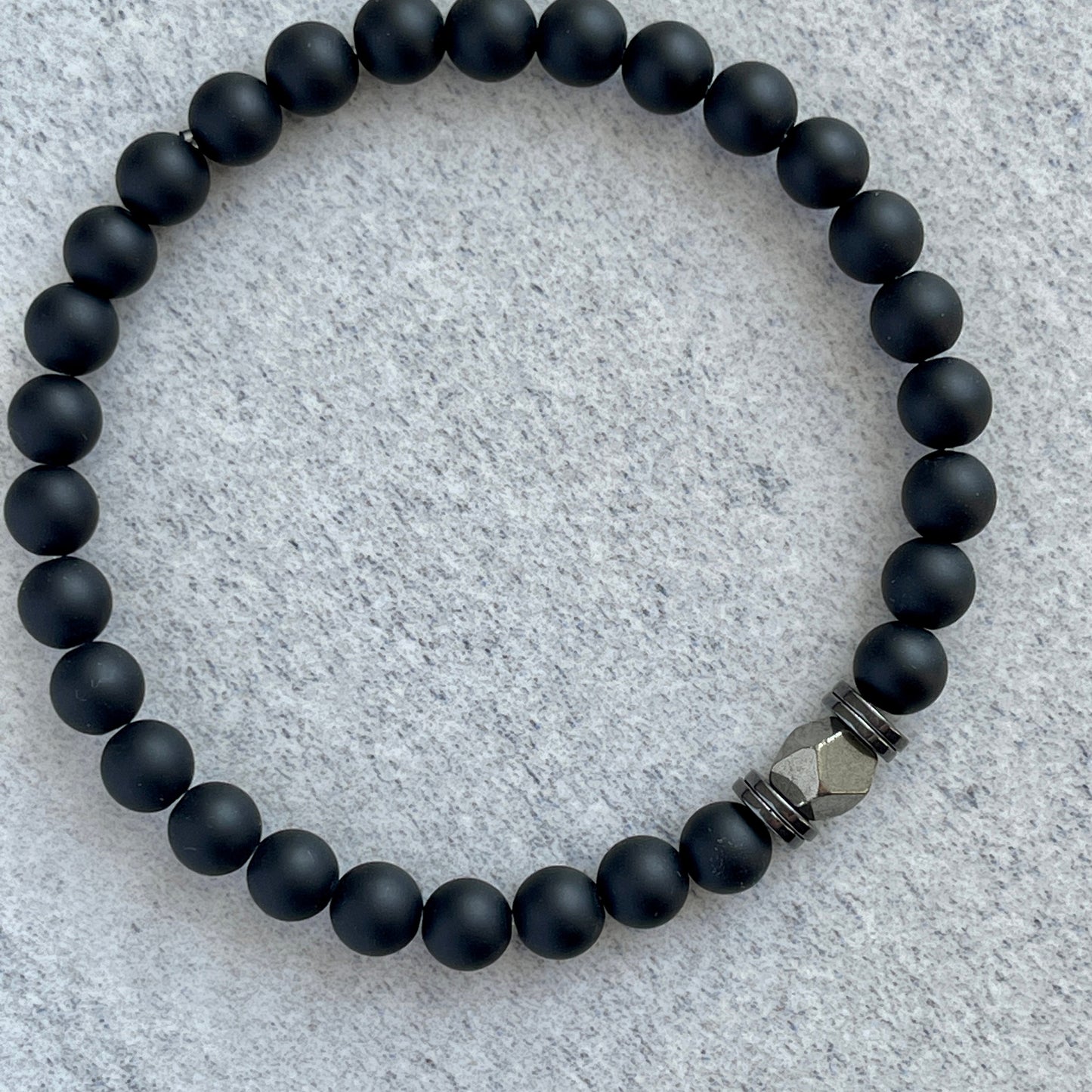 Matte Onyx Beaded Bracelet with Faceted Pyrite and Hematite Spacers