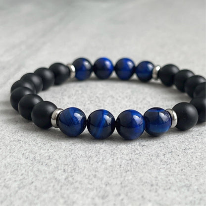 matte onyx and blue tiger eye beaded bracelet for men