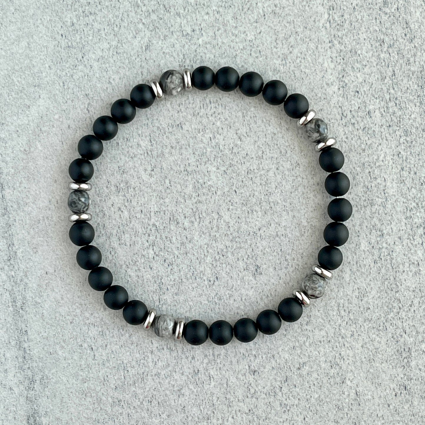 Matte Onyx Beaded Bracelet with Faceted Grey Picasso Jasper