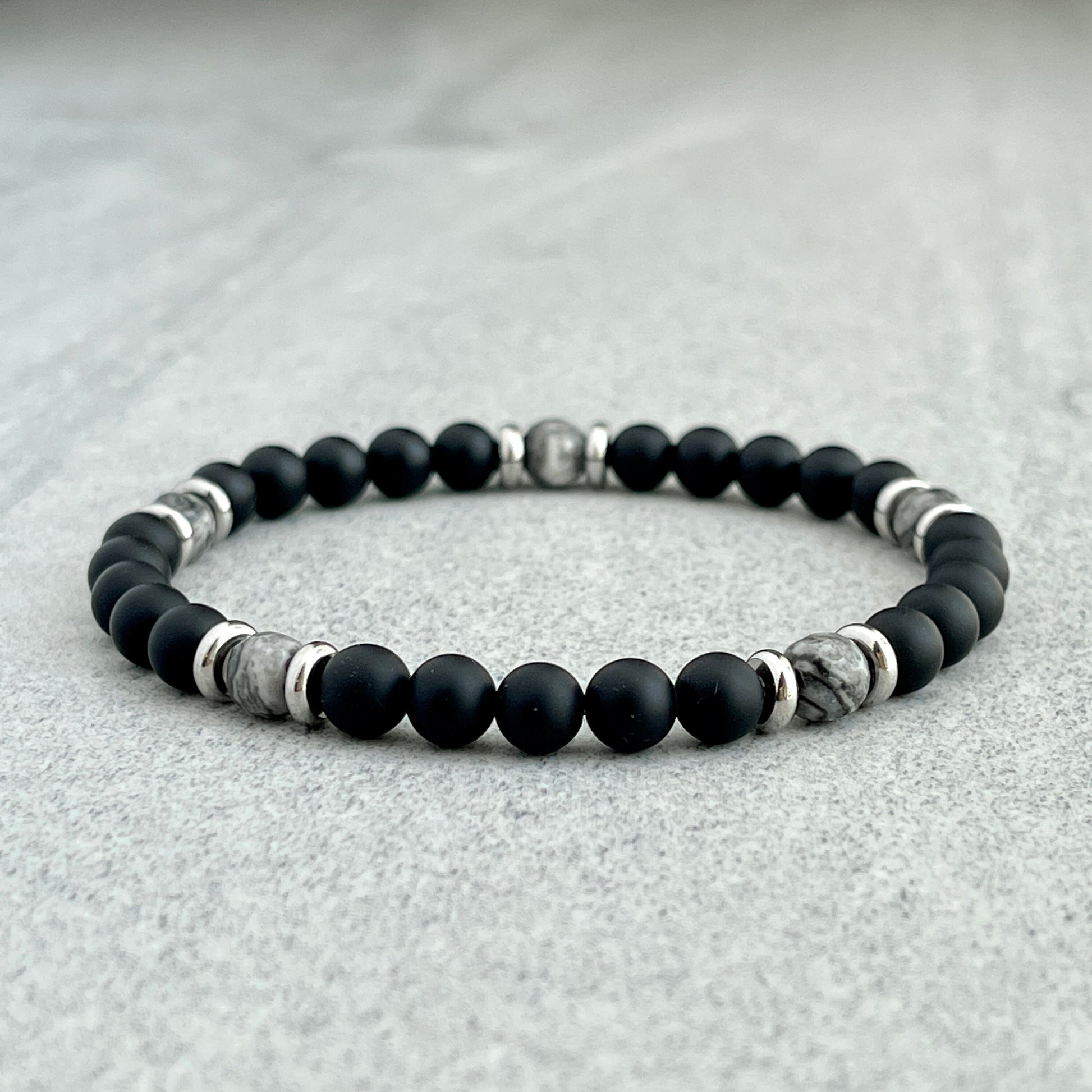 matte onyx with grey picasso jasper beaded bracelet for men