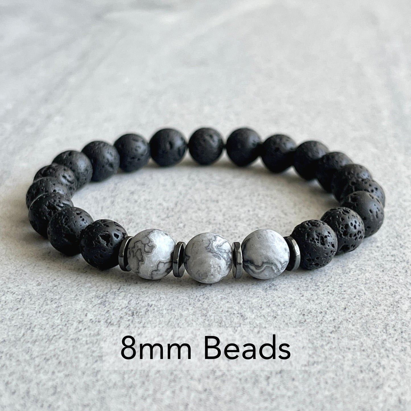 Black Lava, Matte Grey Picasso Jasper and Hematite Beaded Bracelet