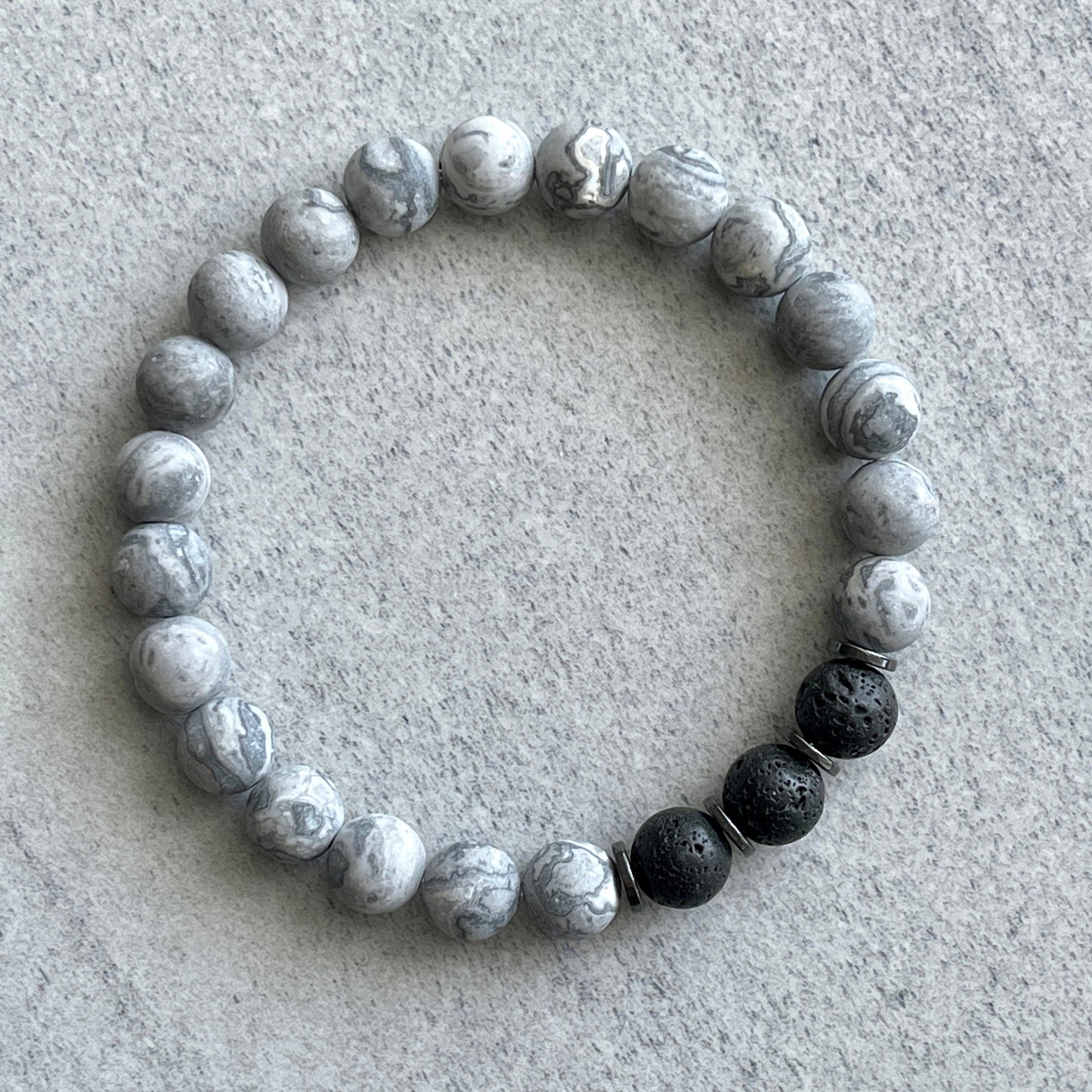 Matte Map Jasper, Black Lava and Hematite Beaded Bracelet