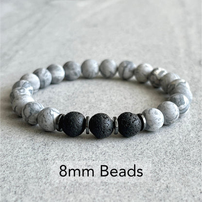 Matte Map Jasper, Black Lava and Hematite Beaded Bracelet