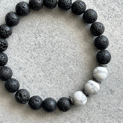 Black Lava, Matte White Howlite and Hematite Beaded Bracelet