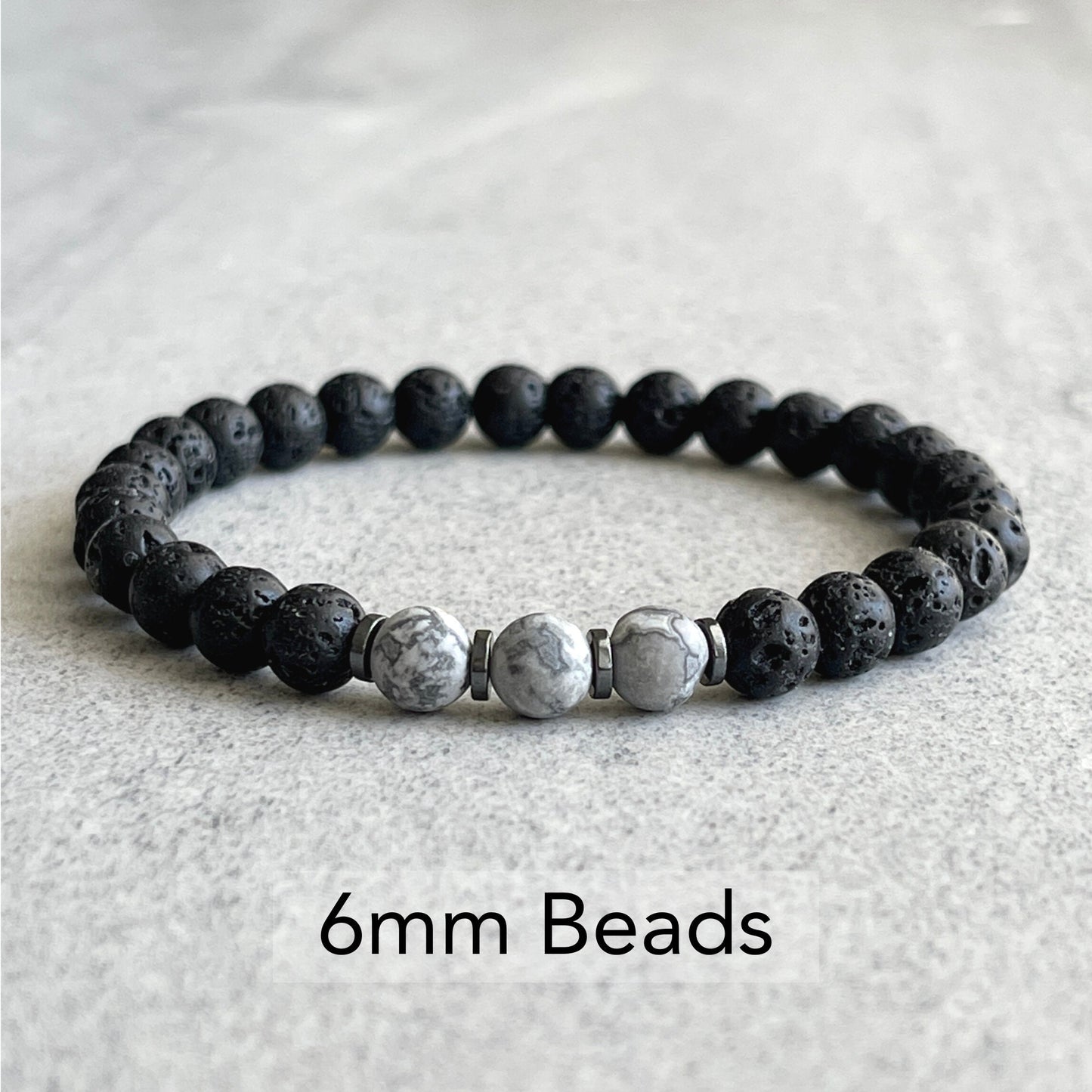 Black Lava, Matte Grey Picasso Jasper and Hematite Beaded Bracelet