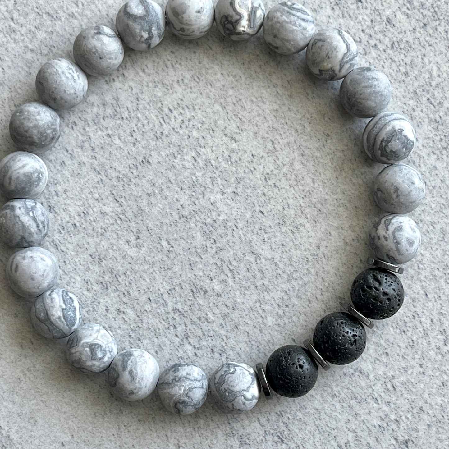 Matte Map Jasper, Black Lava and Hematite Beaded Bracelet