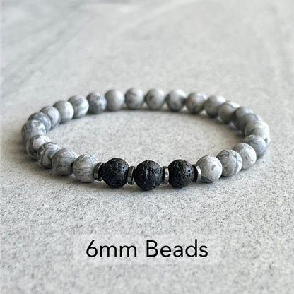 Matte Map Jasper, Black Lava and Hematite Beaded Bracelet