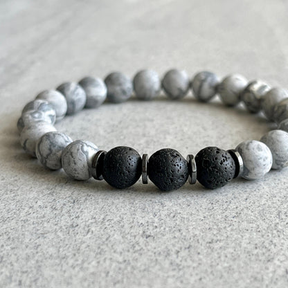 matte grey picasso jasper with lava beaded bracelet for men