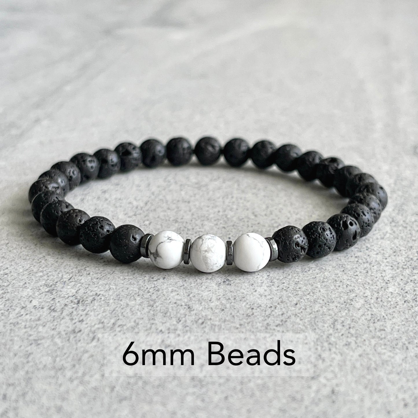 Black Lava, Matte White Howlite and Hematite Beaded Bracelet