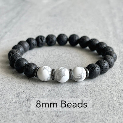 Black Lava, Matte White Howlite and Hematite Beaded Bracelet