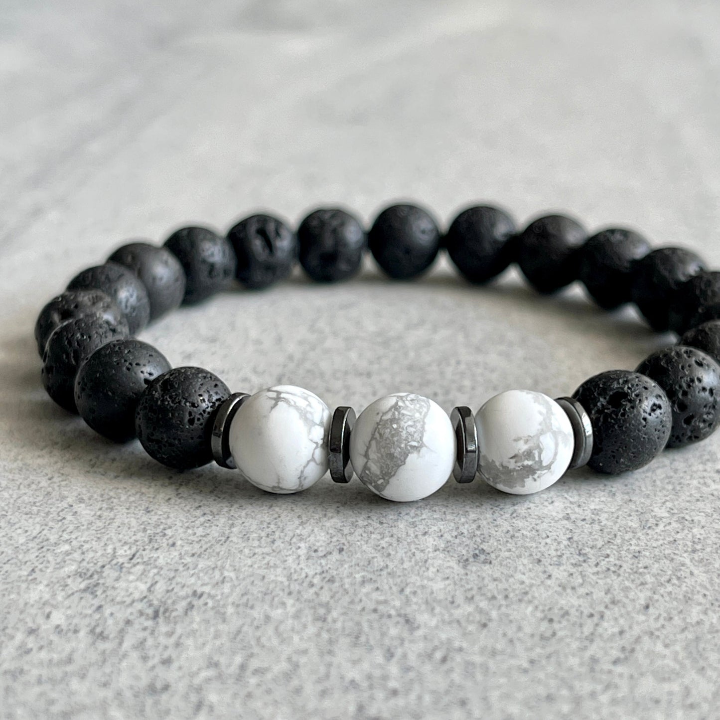 black lava with white howlite beaded bracelet for men