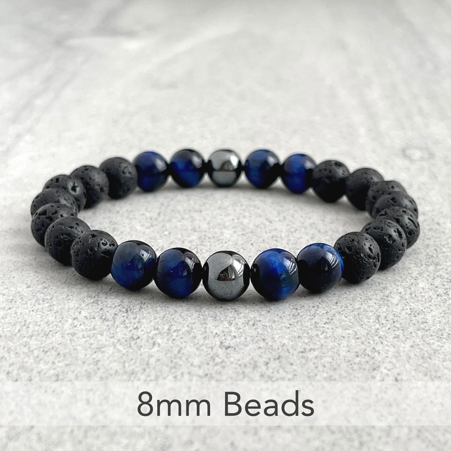 Black Lava, Blue Tiger Eye and Hematite Beaded Stretch Bracelet