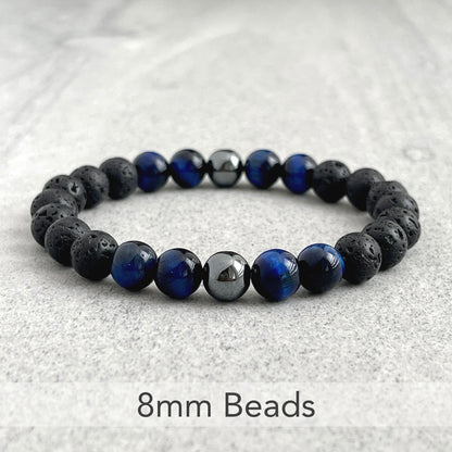 Black Lava, Blue Tiger Eye and Hematite Beaded Stretch Bracelet