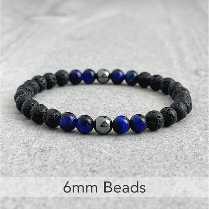 Black Lava, Blue Tiger Eye and Hematite Beaded Stretch Bracelet