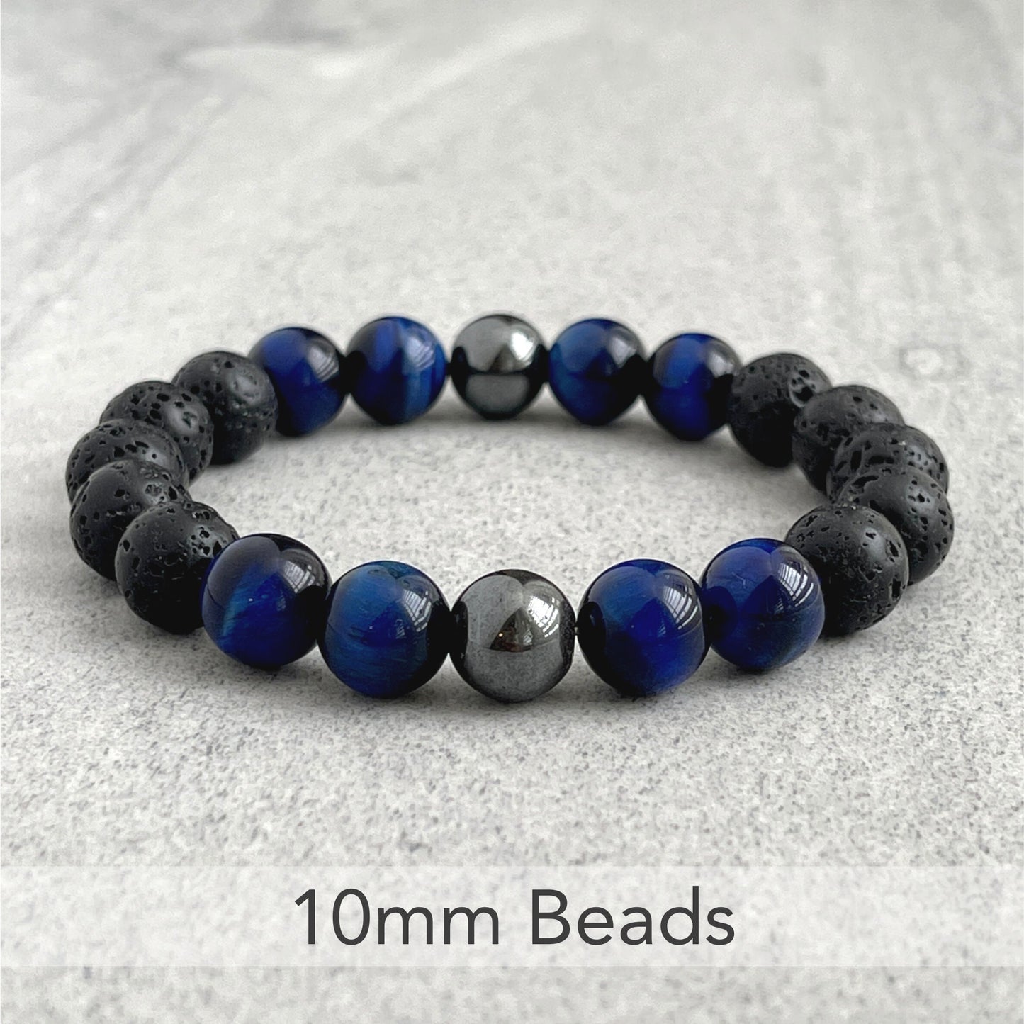 Black Lava, Blue Tiger Eye and Hematite Beaded Stretch Bracelet