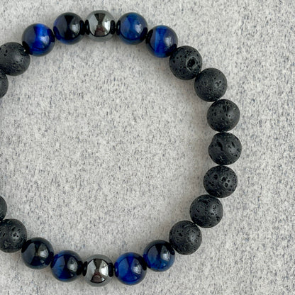 Black Lava, Blue Tiger Eye and Hematite Beaded Stretch Bracelet