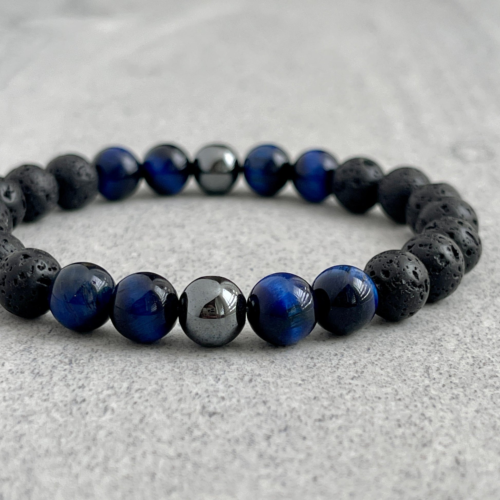 black lava with blue tiger eye beaded bracelet for men