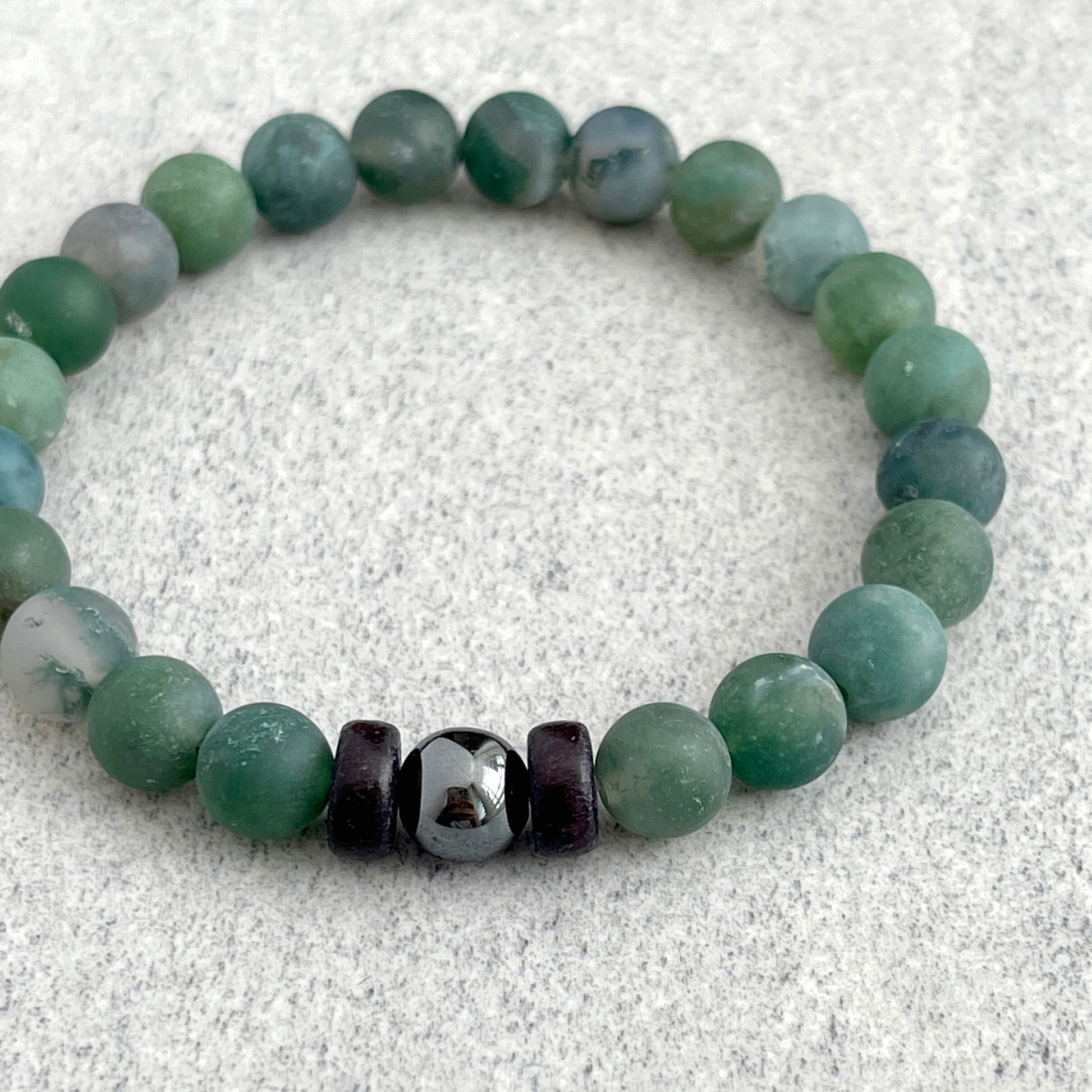 Matte Moss Agate Bracelet with a Single Hematite FujiBeads