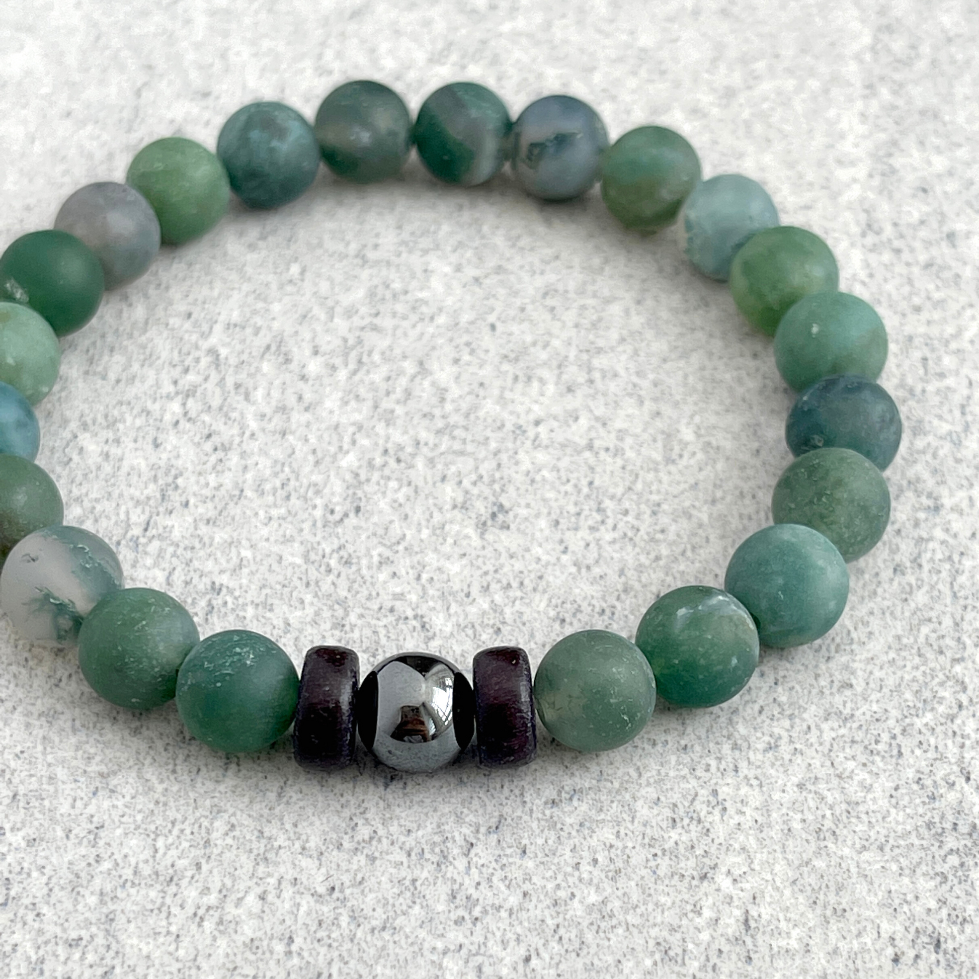 matte moss agate with hematite beaded bracelet for men