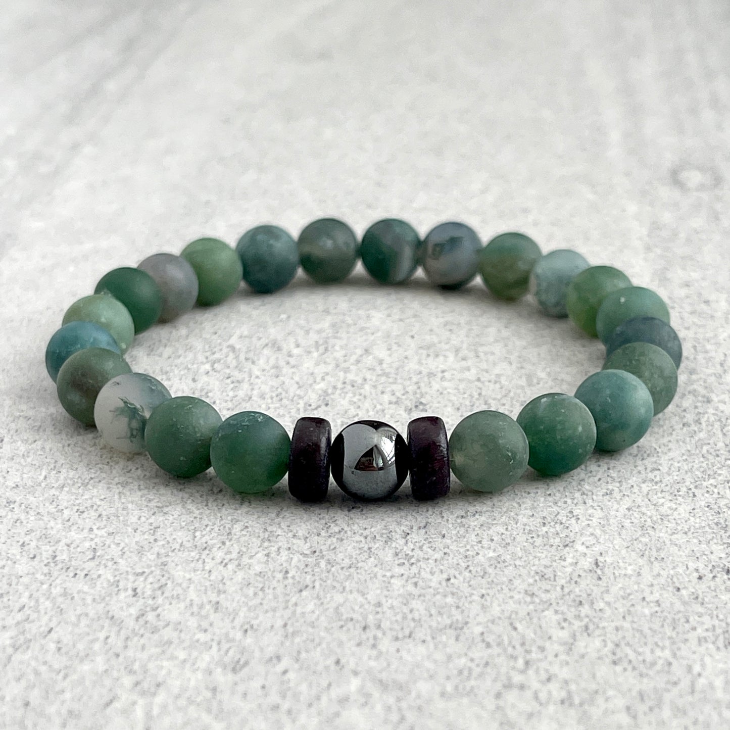 Matte Moss Agate Bracelet with a Single Hematite