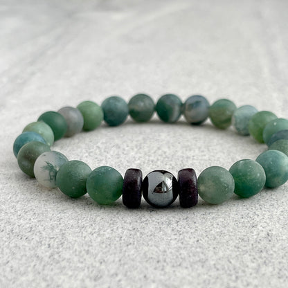 Matte Moss Agate Bracelet with a Single Hematite