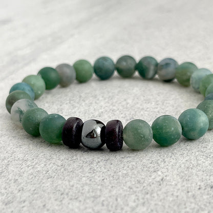 Matte Moss Agate Bracelet with a Single Hematite