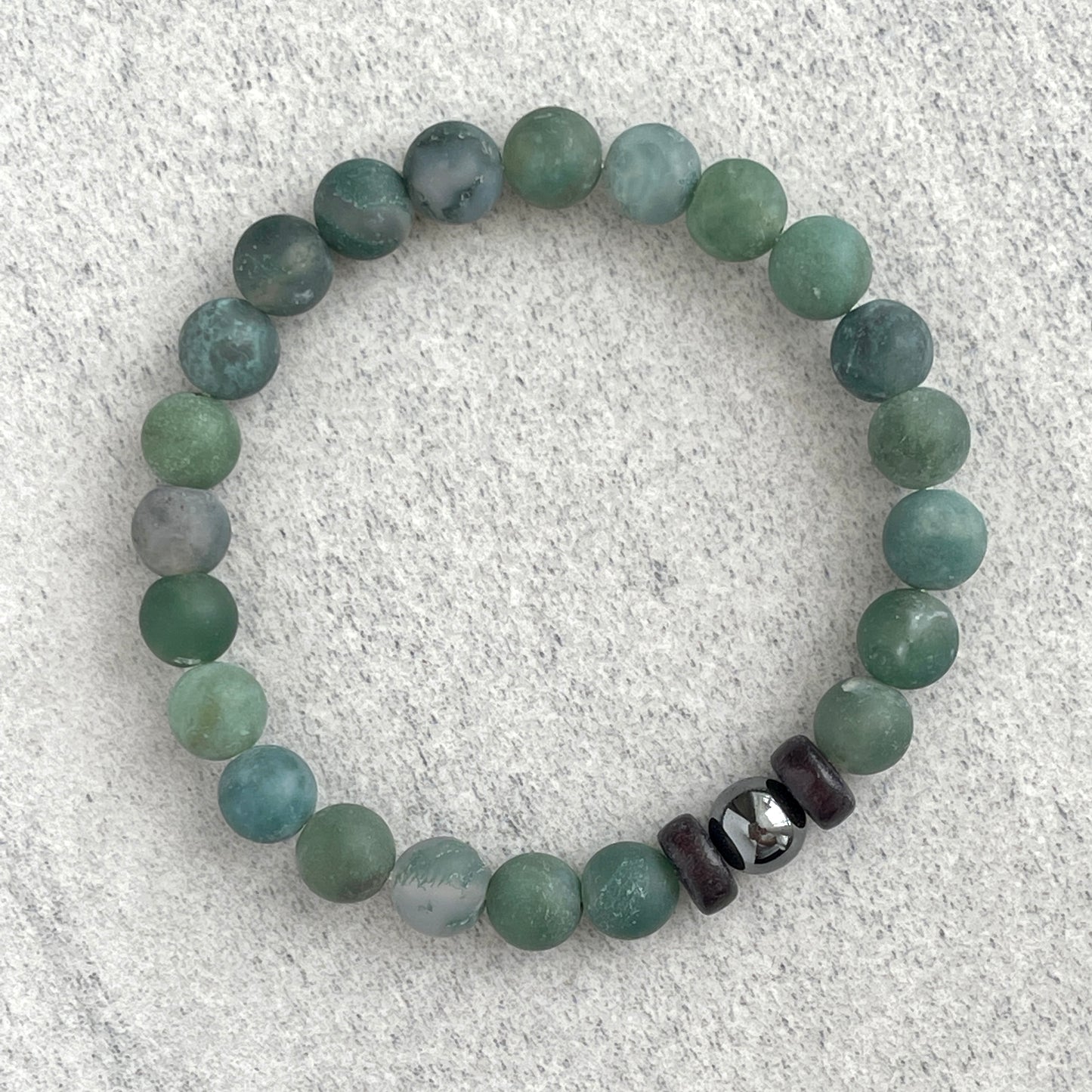 Matte Moss Agate Bracelet with a Single Hematite