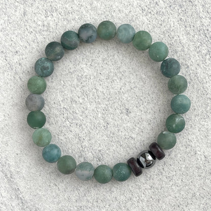 Matte Moss Agate Bracelet with a Single Hematite