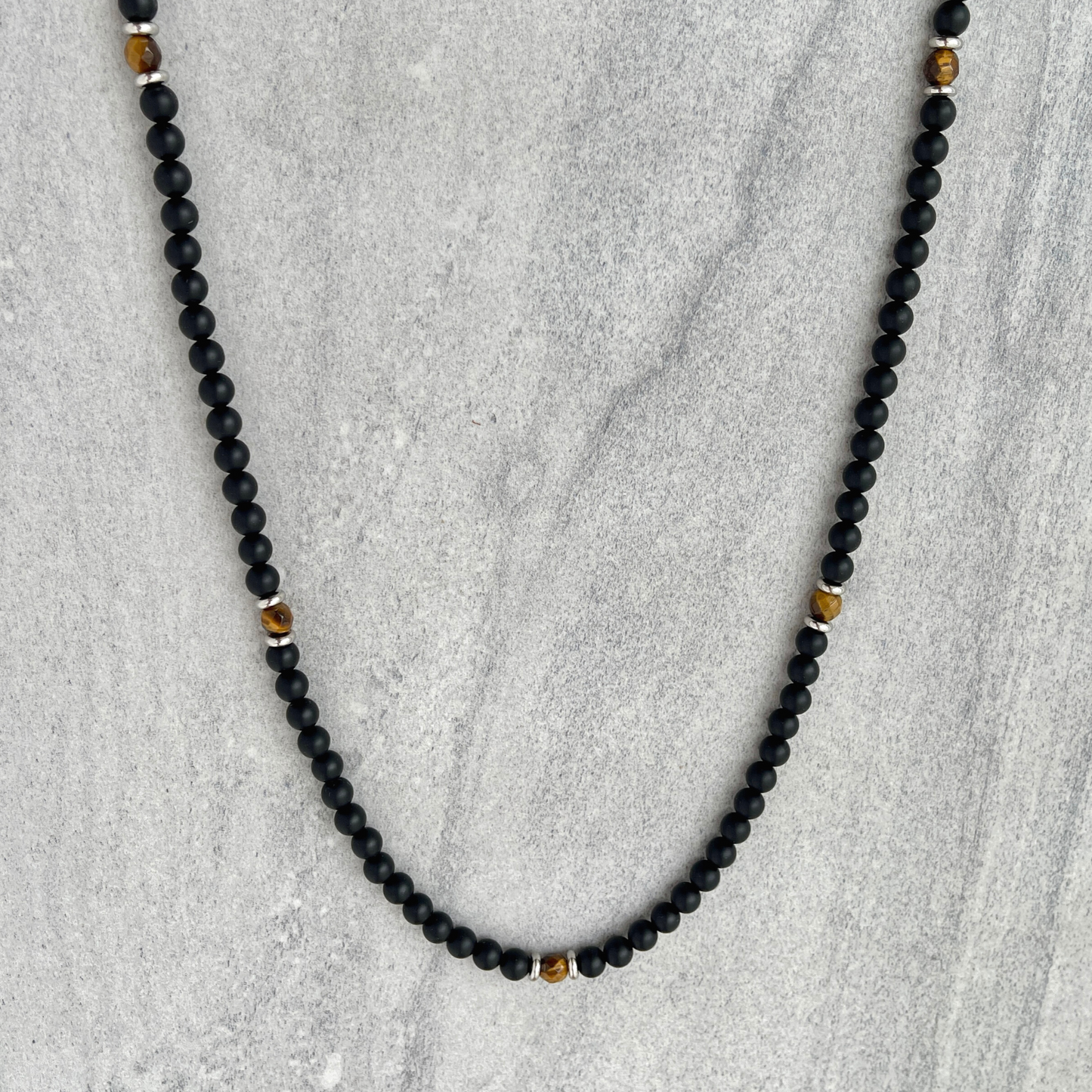 Matte Onyx Beaded Necklace with Faceted Yellow Tiger Eye