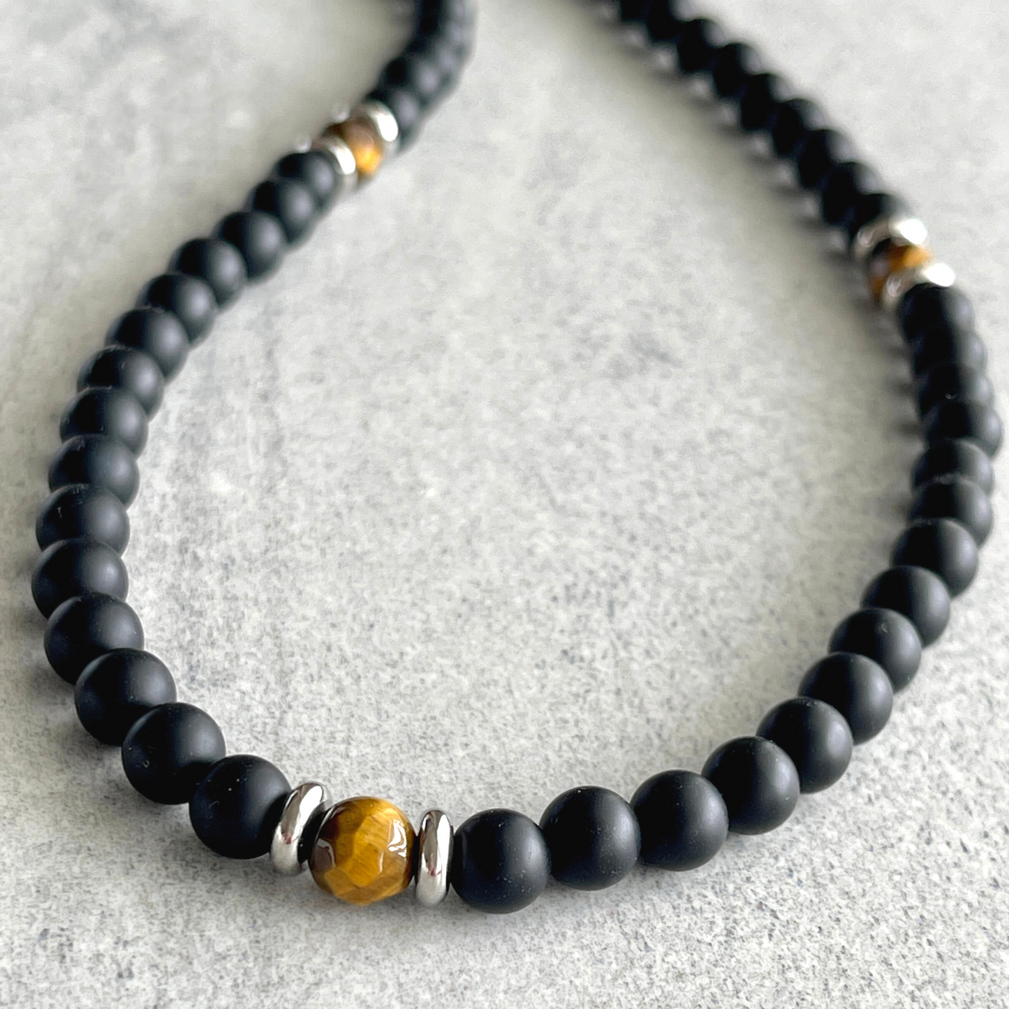 Matte Onyx Beaded Necklace with Faceted Yellow Tiger Eye