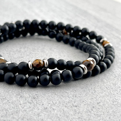 Matte Onyx Beaded Necklace with Faceted Yellow Tiger Eye