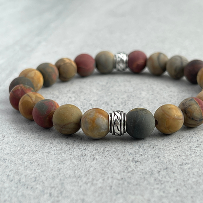 Matte Picasso Jasper Beaded Stretch Bracelet with Celtic Accent Bead